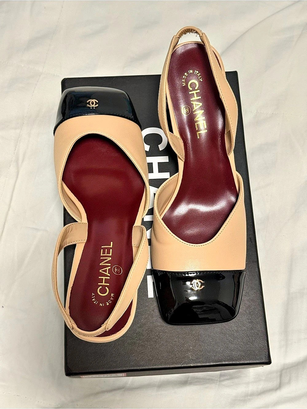 Square Toe Slingback Pumps Beige & Black EU 39 - Picture 2 of 4